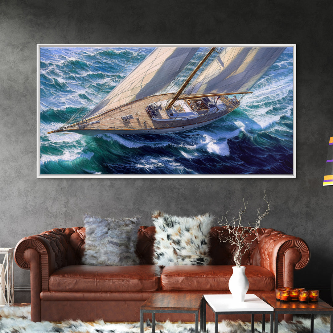 Bird's Eye View of a Retro Sailboat Painting Print, Sailboat Wall Art, Nautical Decor, Sailing Gift Idea, Sailing Wall Art