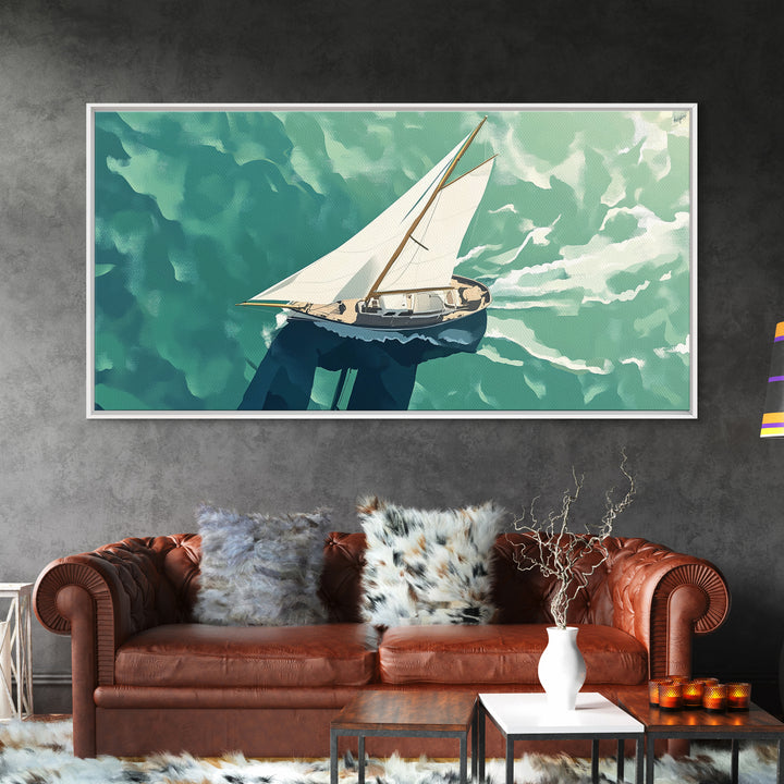 Bird's Eye View of a Sailboat Nautical Painting Print, Framed Canvas Art, Statement Piece, Nautical Centerpiece Wall Art