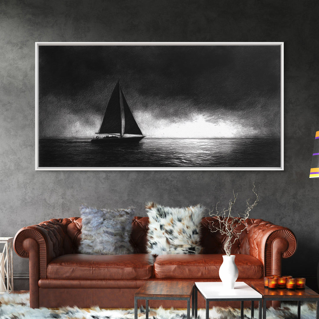 Black and White Sketch Print of a Sailboat In a Storm, Framed Canvas Print, Nautical Wall Art, Nautical Home Decor