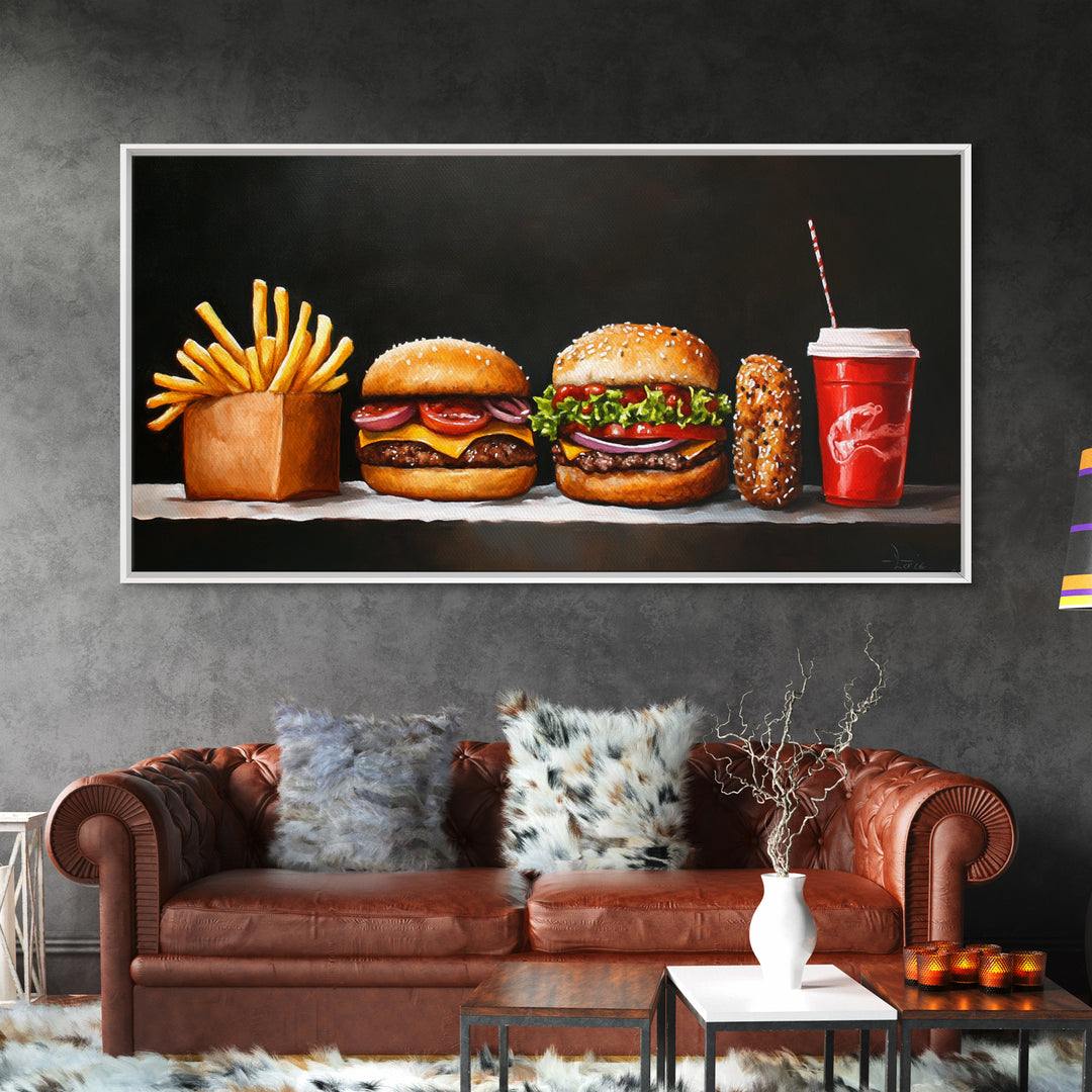 Burger and Fries Framed Canvas Print, Kitchen Canvas Art, Kitchen Wall Art, Burger Painting, Burger Art, Dining Room Wall Art
