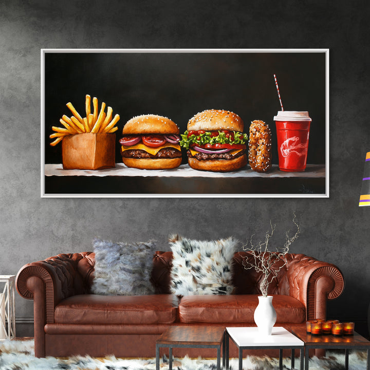 Burger and Fries Framed Canvas Print, Kitchen Canvas Art, Kitchen Wall Art, Burger Painting, Burger Art, Dining Room Wall Art