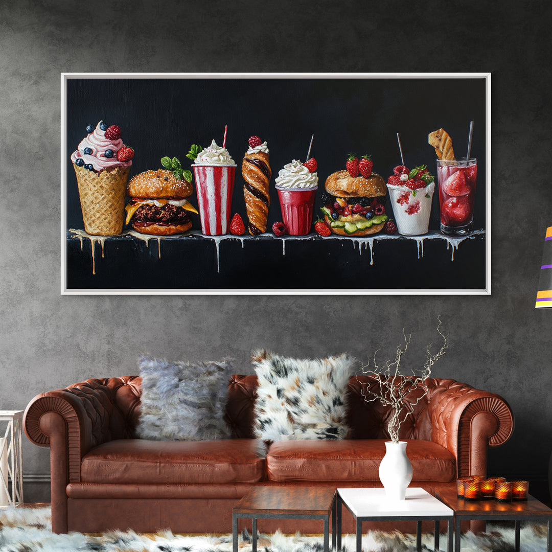 Diner Decor, Restaurant Wall Art, Canvas Print Painting Of Burgers, Desserts and Milk Shakes - 1950s Diner Wall Art