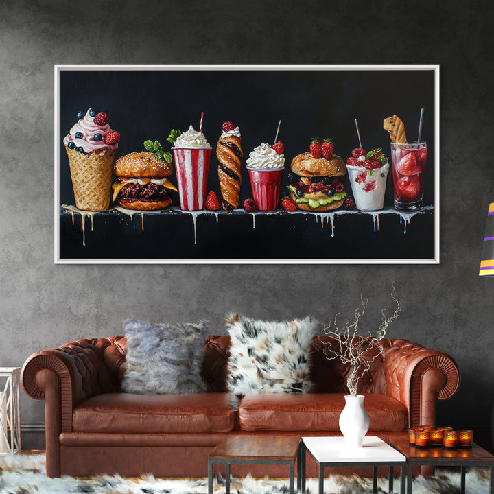 Diner Decor, Restaurant Wall Art, Canvas Print Painting Of Burgers, Desserts and Milk Shakes - 1950s Diner Wall Art