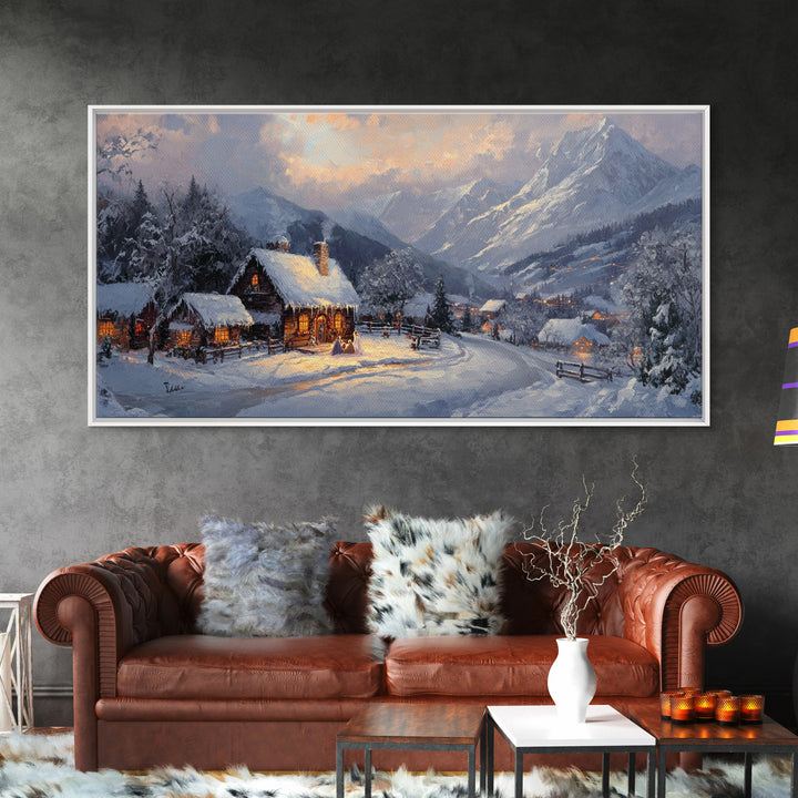 Christmas Mountain Village Oil Painting Print, Framed Canvas, Retro Christmas, Christmas Mountain Landscape Painting, Christmas Art