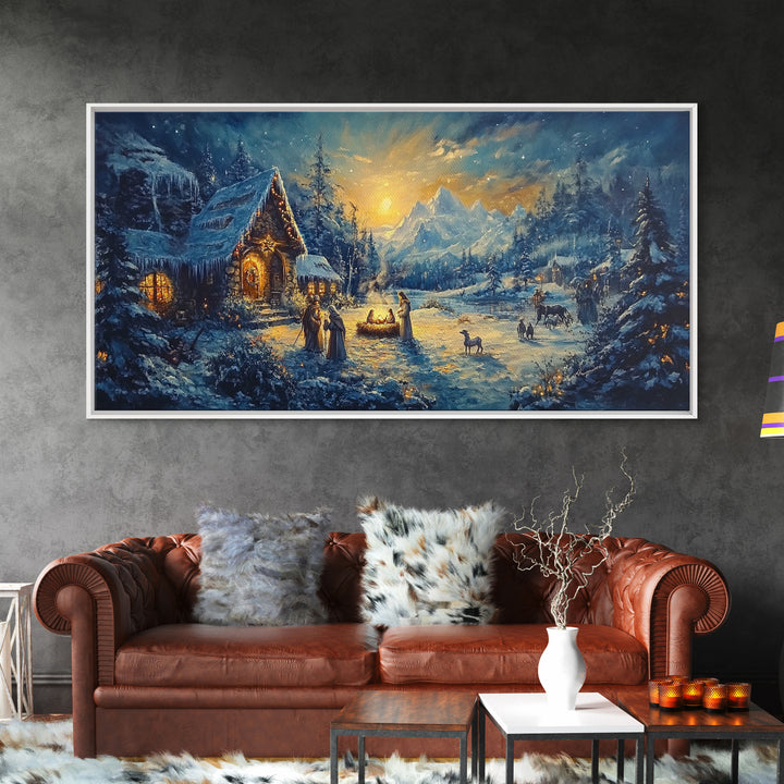 Christmas Nativity Oil Painting Print, Christmas Wall Art, Framed Christmas Canvas Art, Christmas Home Decor, Seasonal Wall Art