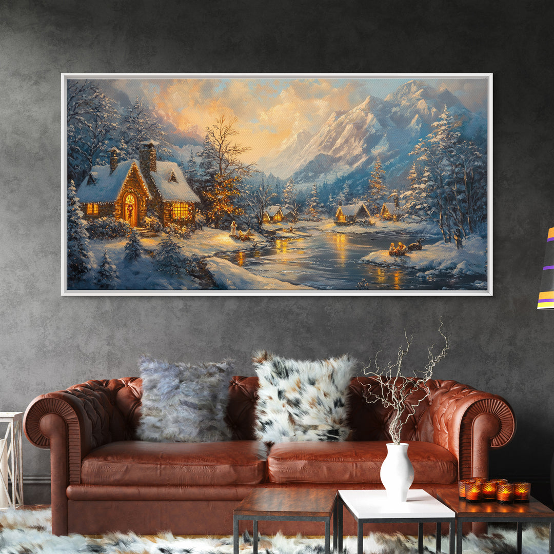 Christmas On The Lake, Christmas Canvas Print, Cabin Decor, Cabin Wall Art, Lake House Wall Art, Christmas home Decor, Christmas Village
