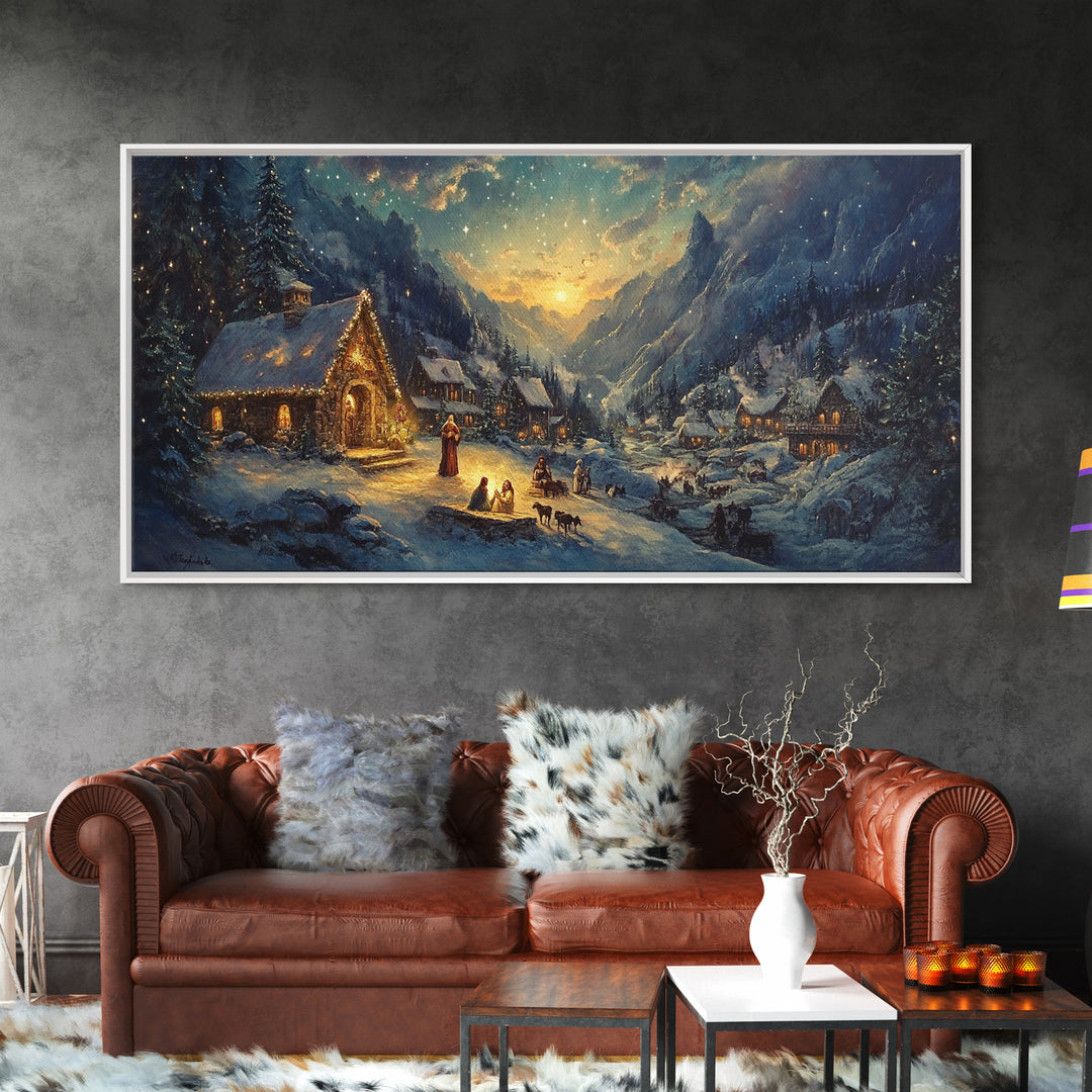 Christmas In The Mountains, Nativity Scene, Christmas Canvas Print, Christmas Decoration, Christmas Centerpiece Wall Art, Christmas Village