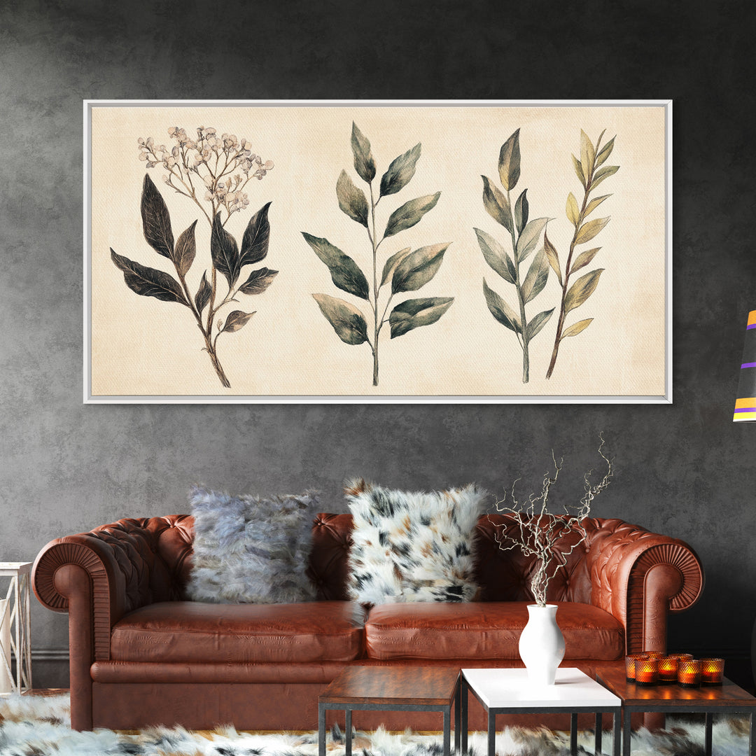 Boho Botanical Sketch Print, Botanical Wall Art, Framed Canvas Print, Minimalist Pencil Sketch Wall Art, Minimalist Home Decor, Living Room Art