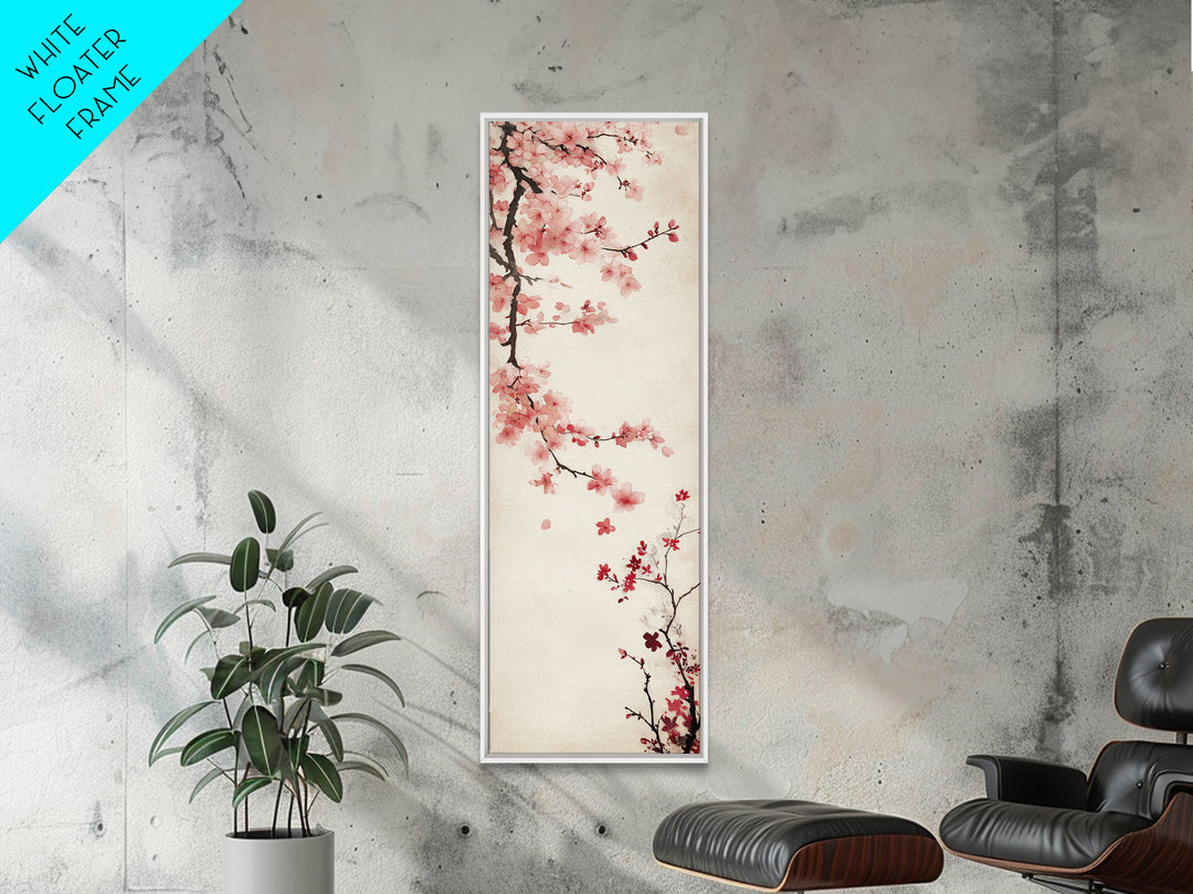 Cherry Blossom Branch Framed Canvas Print Tall Skinny Art Floral Japanese Decor, Cherry Blossom Painting, Minimalist Botanical Wall Art, Above Sofa Art