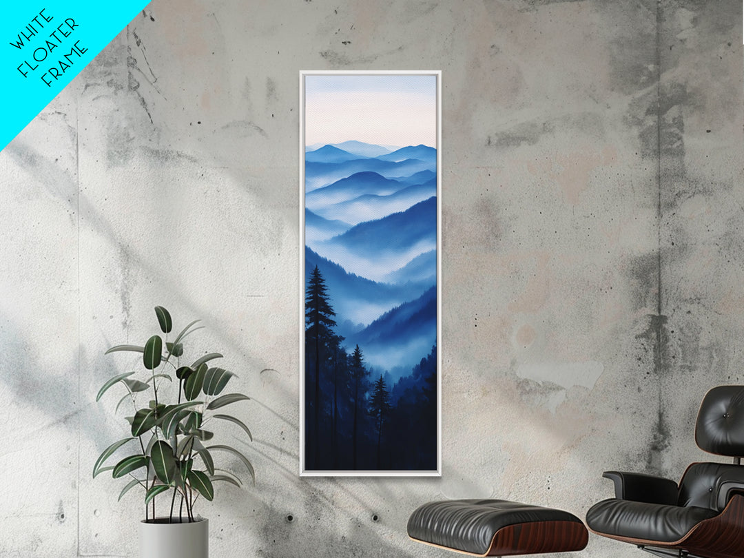 Blue Misty Mountains Framed Canvas Print Calming Nature Landscape Art, Smoky Mountain Art, Blue and Green Wall Art, Minimalist Decor, Bedroom Art