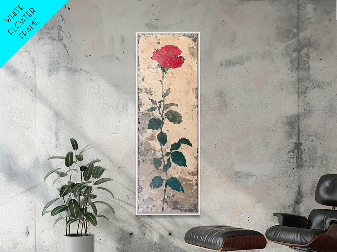 Red Rose Art Print Canvas Print, Japanese Inspired Rose Painting, Long Narrow Wall Art, Tall Skinny Art, Framed Canvas Print, Boho Wall Art