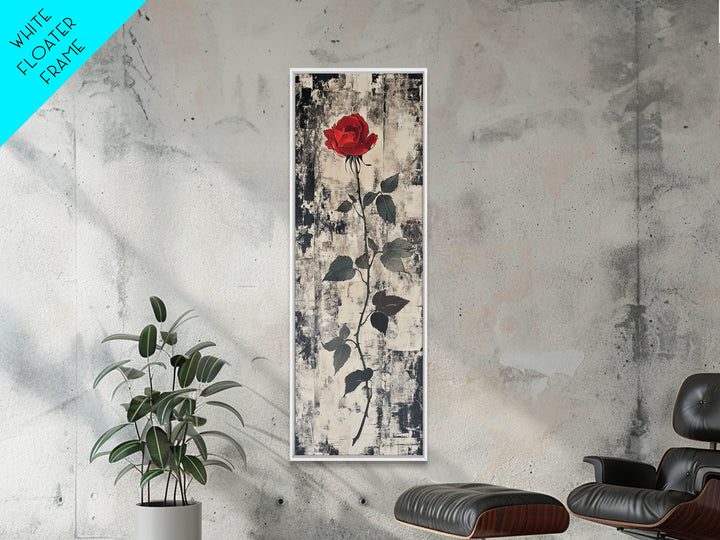 Monochrome Rose Canvas Print, Minimalist Black and White Art, Modern Botanical Print, Above Bed Wall Art, Tall Narrow Art, Framed Canvas Print