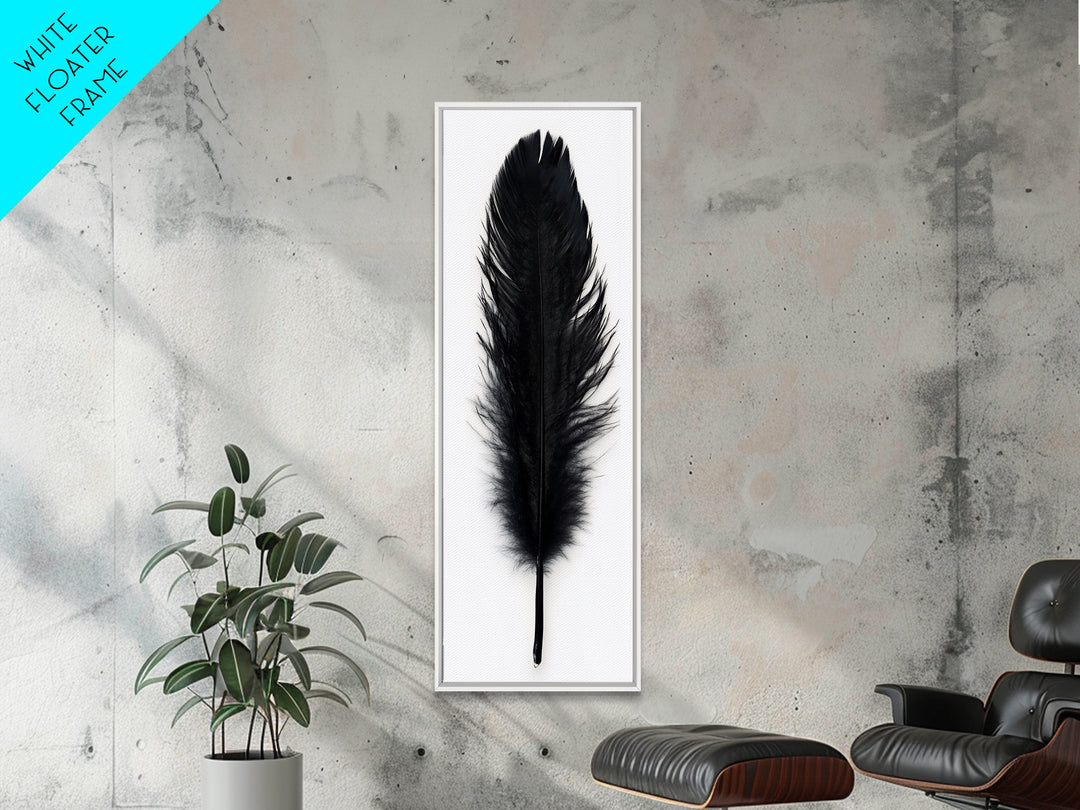 Black Feather Wall Art, Black Feather Painting Canvas Print, Boho Minimalist Home Decor, Feather Art, Tall Narrow Art, Skinny Art