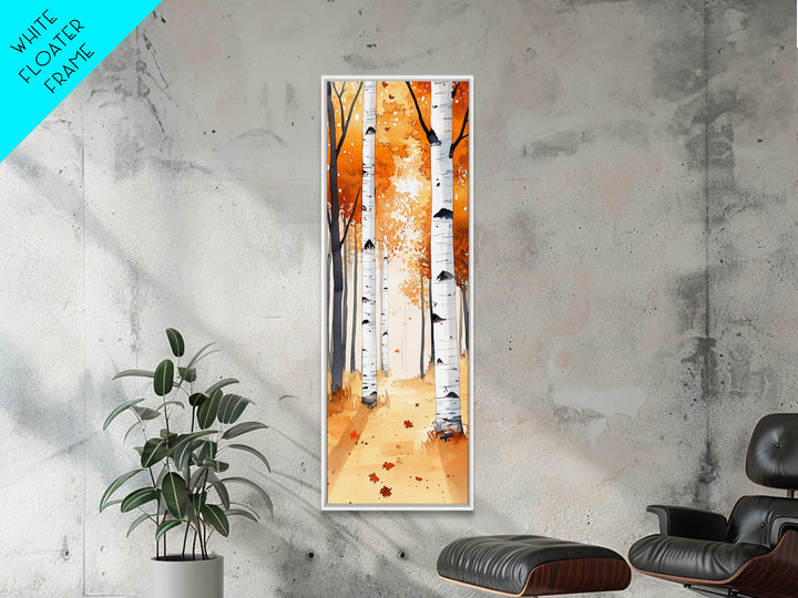 Autumn Birch Trees Framed Canvas Print – Rustic Decor, Tall Narrow Art, Cozy Fall Vibes, Birch Tree Art, Living Room Art, Above Bed Wall Art