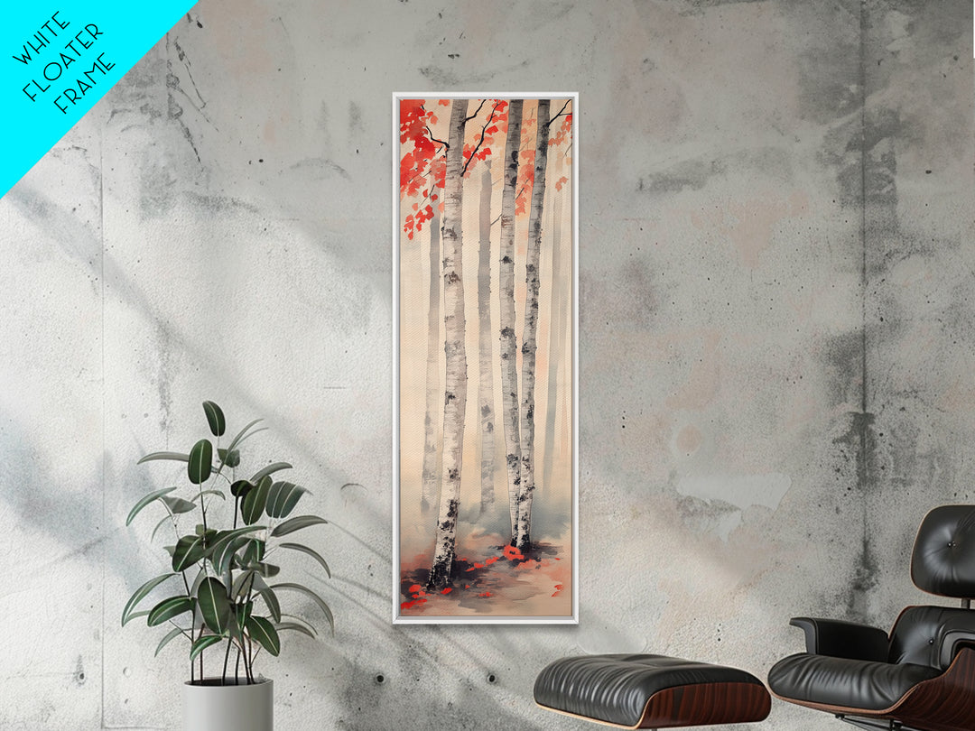 Birch Trees and Red Leaves Framed Canvas Print – Fall Vibes, Rustic Wall Art, Birch Tree Art, Cozy Autumn Theme, Living Room Art, Above Couch Decor