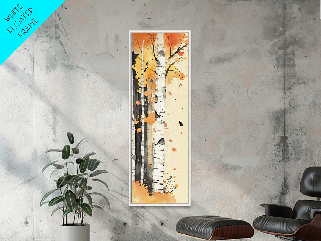 Autumn Forest Path Framed Canvas Print – Cozy Fall Art, Rustic Wall Art, Birch Tree Painting, Skinny Wall Art, Bedroom Wall Art, Autumn Decor