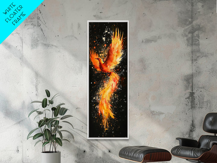 Fiery Phoenix Illustration on Black Canvas, Framed Art Option, Mystical Wall Art for Living Room, Tall Narrow Wall Decor, Mythological Art