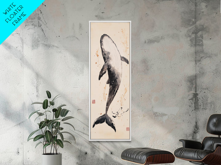 Minimalist Whale Ink Art Depicting Graceful Humpback Whale – Elegant Black and White Framed Canvas Print for Nautical or Coastal Decor