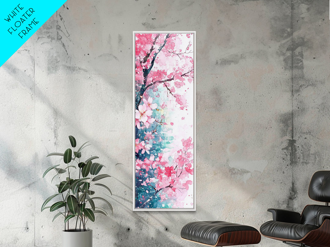 Blooming Pink Sakura Flowers Art - Framed Canvas Print for Japanese Decor, Cherry Blossom Art, Botanical Wall Decor, Pink Floral Painting