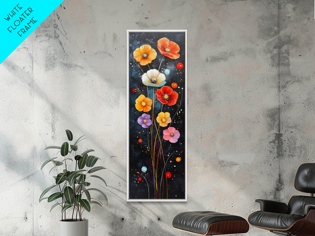 Abstract Poppy Garden Scene - Framed Canvas Print Showcasing Whimsical Florals on Dark Blue Background for Moody Decor