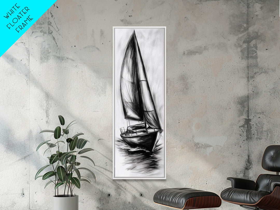 Charcoal Sketch of a Sailboat, Framed Canvas Print, Nautical Decorl Nautical Wall Art, Sailboat Painting, Sail Boat Art, Tall Skinny Wall Art