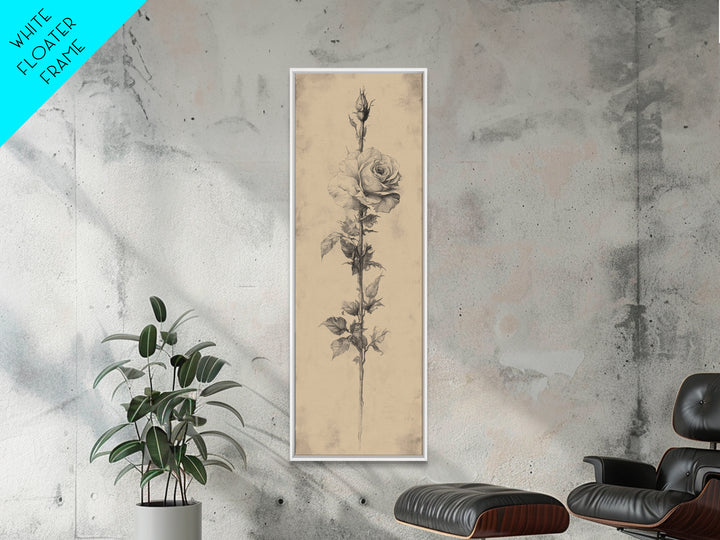 Black and White Sketch of a Rose, Framed Canvas Print, Narrow Art, Tall Skinny Art, Flower Painting, Paint of a Rose, Floral Prints
