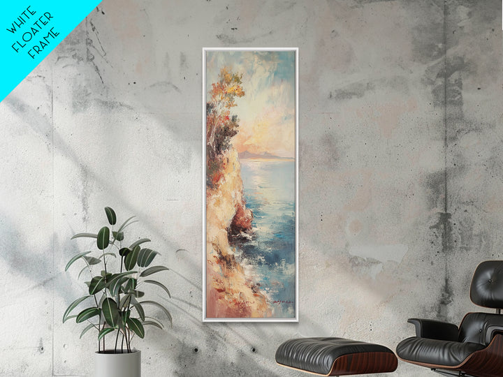 Nautical Landscape Painting Print, Framed Canvas, Beautiful Sunset Over The Coast, Coastal Decor, Tall Narrow Art, Skinny Wall Art