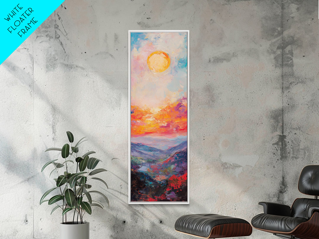 Abstract Oil Painting Print of a Sunset Over The mountains - framed canvas - ready to hang - tall narrow wall art - skinny accent piece wall art