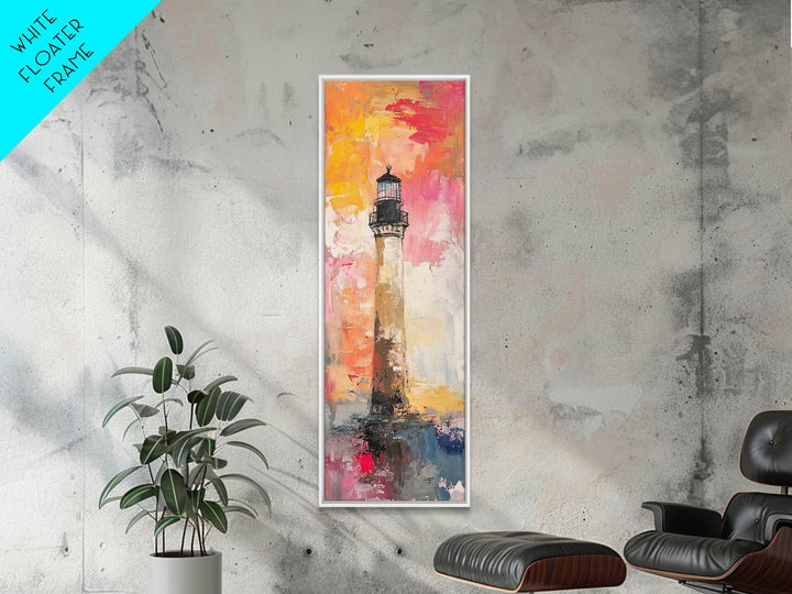 Canvas Print of Vibrant Lighthouse Painting with Nautical Decor, Coastal Wall Art, Bright Sunset, Above Couch Art, Tall Skinny Art, Seascape Painting, Gift Idea