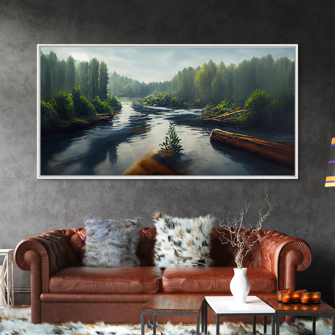 Flowing River wall decor, ready to hang canvas print wall art, blue river cabin art, lake house art