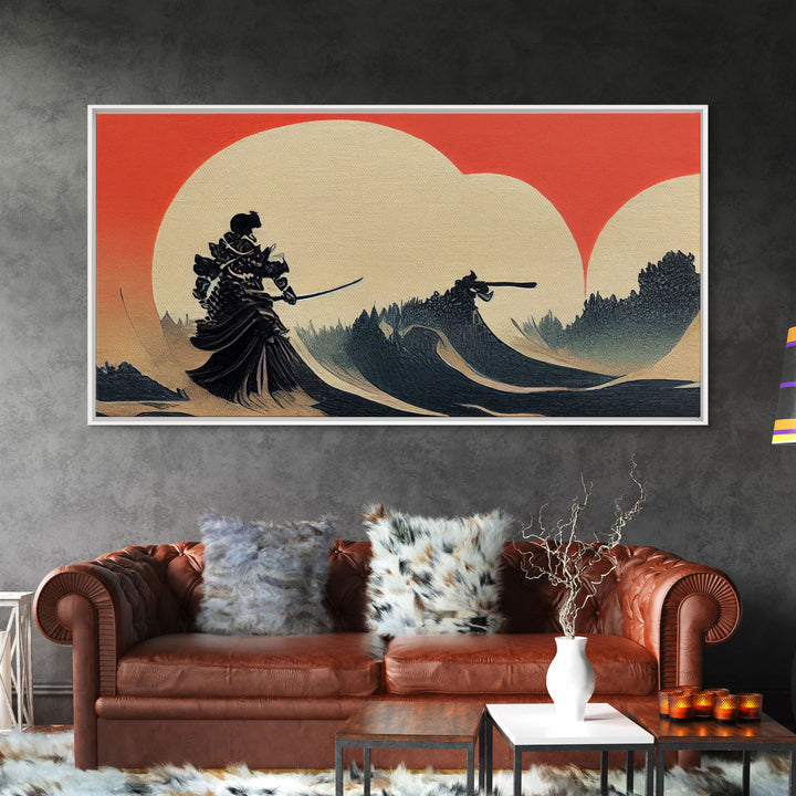 Japanese Samurai Fighting A Tidal Wave, ready to hang canvas print wall art, framed canvas wall art, mancave decor