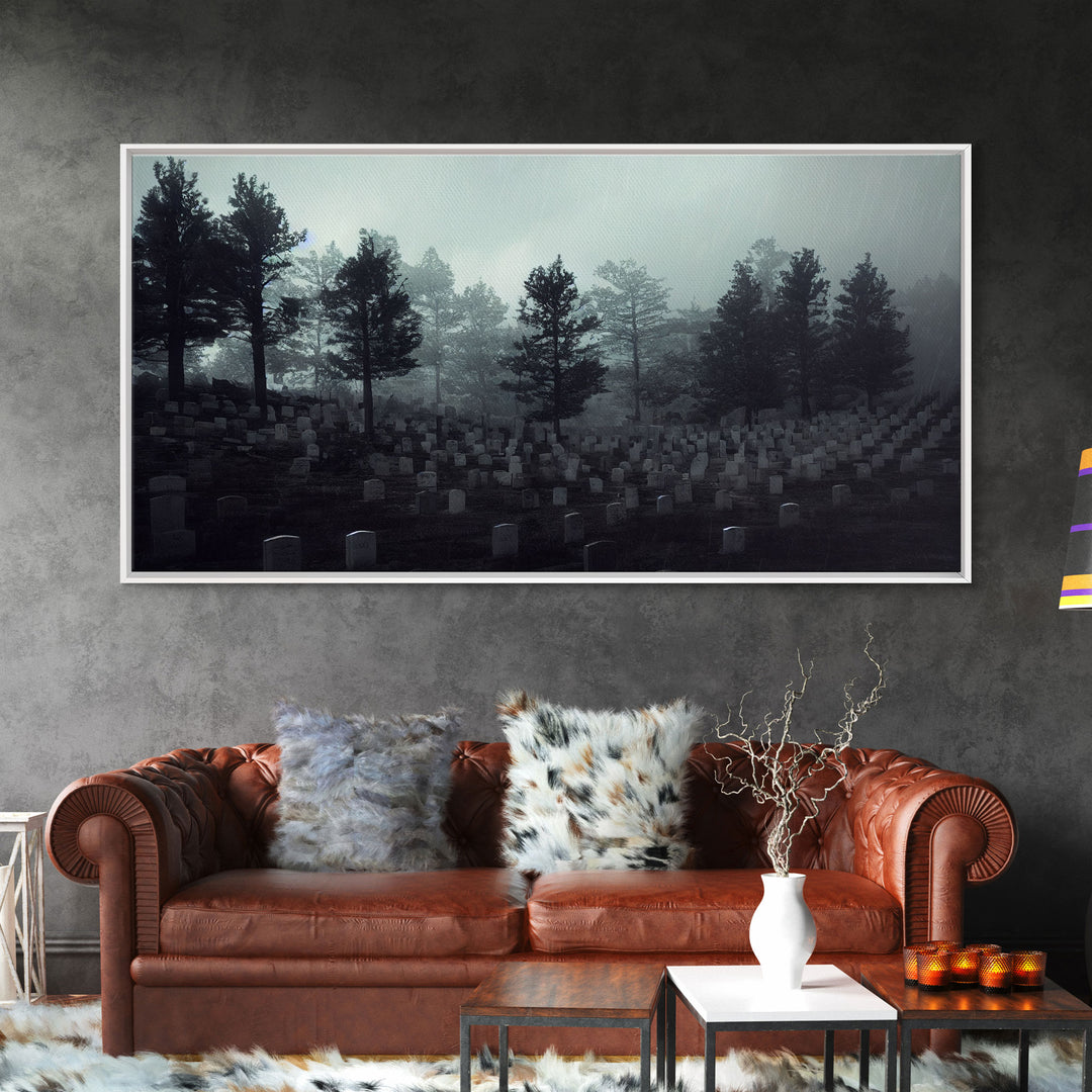Creepy Haunted Cemetery, Spooky Halloween Art, Graveyard, ready to hang canvas print wall art, Black And White Art, Halloween Decor