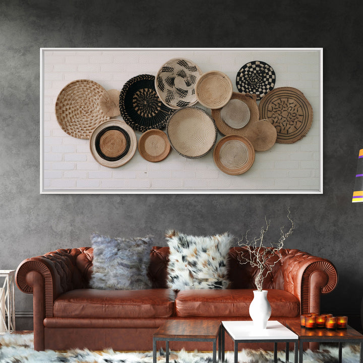 Basket Wall Decor Framed Canvas Print, Boho Wall Art, Wicker Round Bowl Art, Wicker Wall Art Print