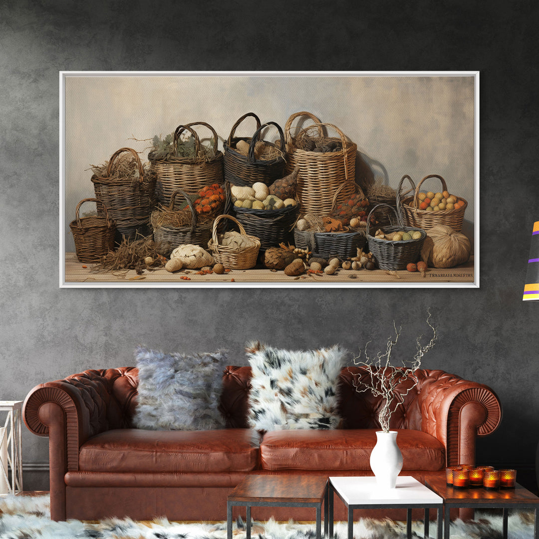 Cornucopia Wall Art, Basket Wall Decor Framed Canvas Print, Boho Wall Art, Wicker Round Bowl Art, Wicker Wall Art Print, Fall Decor