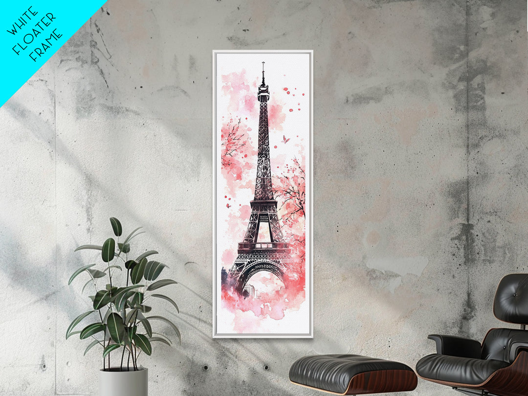 Eiffel Tower Wall Art Framed Canvas Print, Cherry Blossom Painting Vertical Paris Decor, Pink Dorm Art, French Travel-Inspired Gift