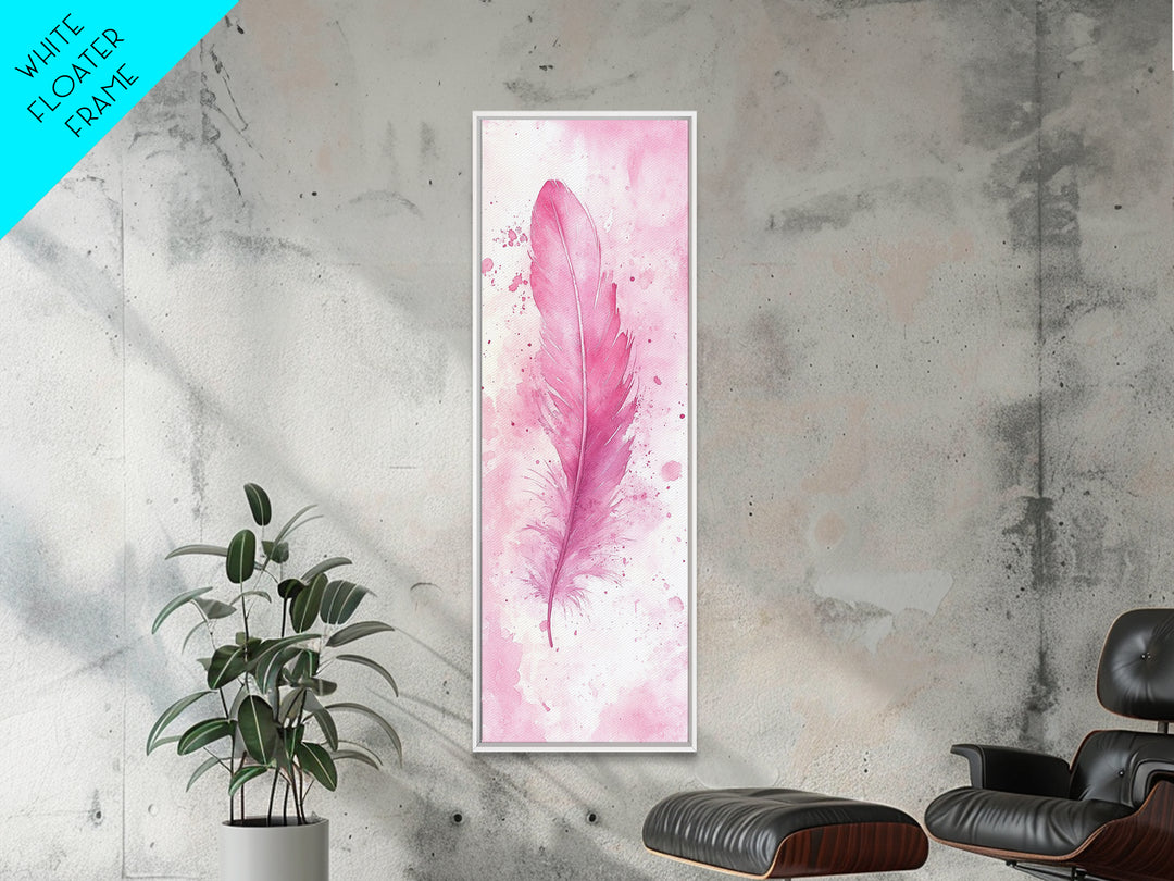 Pink Feather Artwork Framed Canvas Print, Vertical Whimsical Art Light Pink Decor, Boho Minimalist Gift Bedroom and Dorm Wall Art