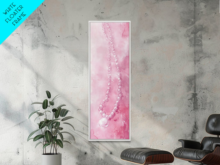 Elegant Pearl Necklace Canvas Print Whimsical Art Long Narrow Wall Art Pink Abstract Art Gift Idea Decorative Jewelry Painting Vertical