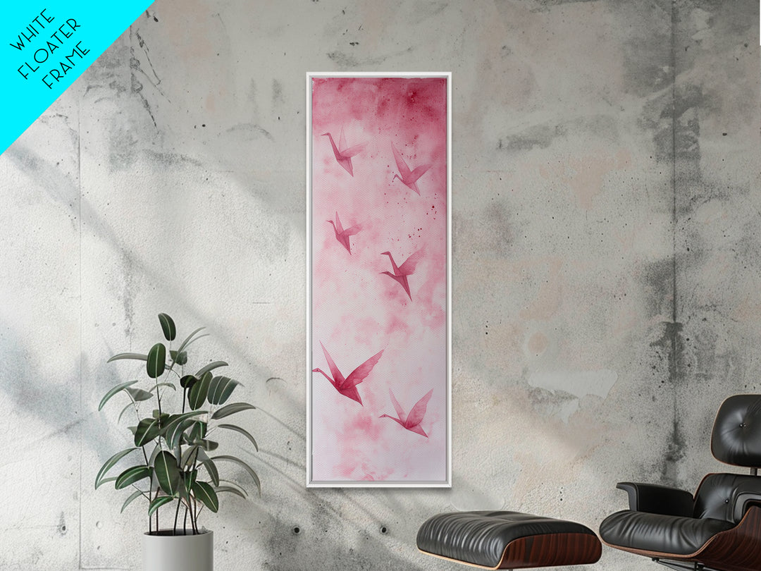 Crane Flight Canvas Print, ethereal origami bird painting in pink abstract hues, tall narrow wall art with zen minimalist aesthetic.