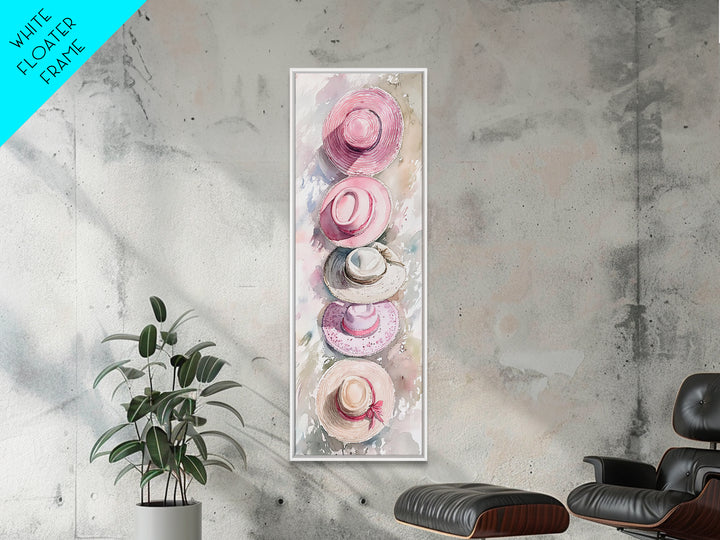 Summer Hats Canvas Print, coastal cowgirl wall art with pastel pink and beige hat patterns, rustic vertical wall art for living spaces.