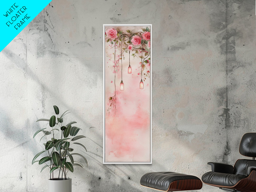 Rose Lantern Canvas Print, romantic floral and hanging lanterns painting with soft pink tones, whimsical boho wall art for bedroom decor.