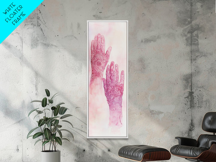 Intricate Henna Hands Painting Framed Canvas Print Featuring Unique Pink Wall Art with Subtle Geometric Design Therapy Art Theme