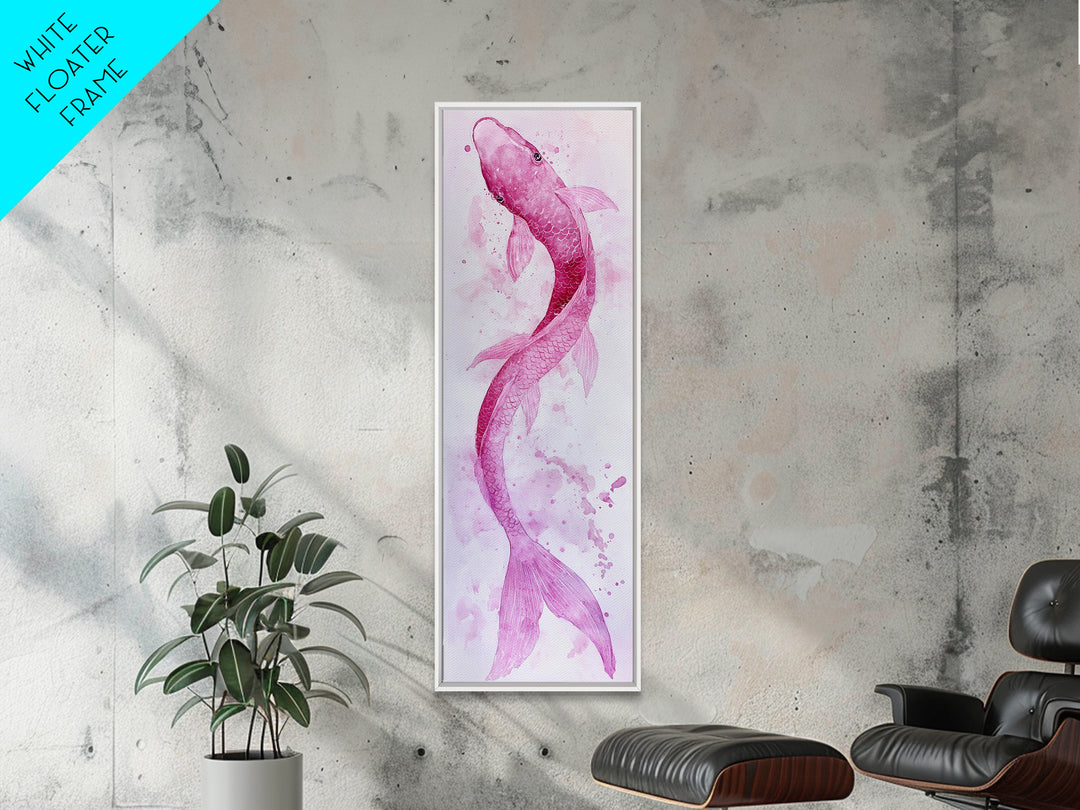 Koi Fish Canvas Print - Pink Whimsical Art, Minimalist Japanese Fish Painting, Skinny Wall Art, Peaceful Above Sofa Artwork