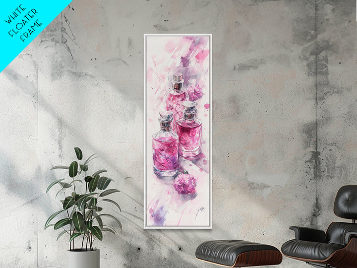 Perfume Bottles Canvas Print - Elegant Pink Abstract Art, Feminine Glass Bottles Artwork, Gift Idea for Her, Bedroom Wall Decor