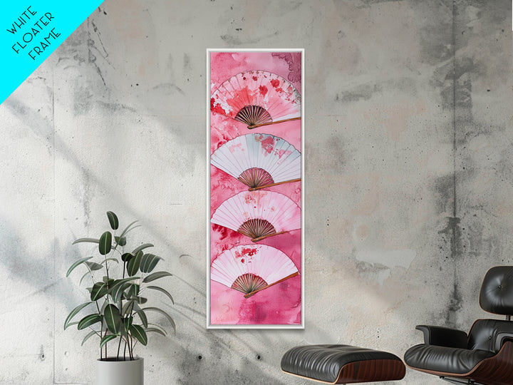 Elegant Fans Canvas Print - Chinoiserie Style Long Narrow Wall Art, Vintage-Inspired Pink Artwork, Skinny Vertical Painting