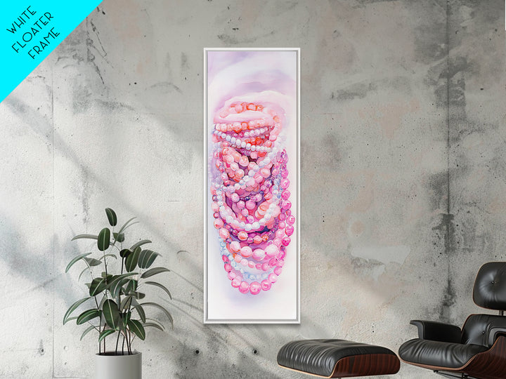 Pastel Beads Canvas Print - Whimsical Tall Narrow Art, Pink Pearl Inspired Jewelry Painting, Vertical Art for Boho Bedroom
