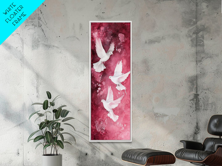 White Doves Canvas Print - Angel Art Prints on Burgundy Background, Symbolic Bird Art, Light Pink Abstract Vertical Wall Decor