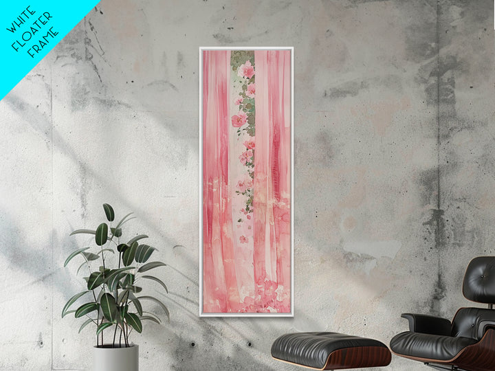 Pink Floral Curtains Framed Canvas Print Whimsical Art Light Pink Wall Art Vertical Wall Art Minimalist Art Rustic Decor Gift