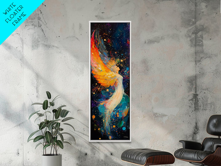 Abstract Angel Framed Canvas Print with Vibrant Colors, Phoenix Metal Art, Long Narrow Wall Art, Living Room Art, Vertical Wall Art