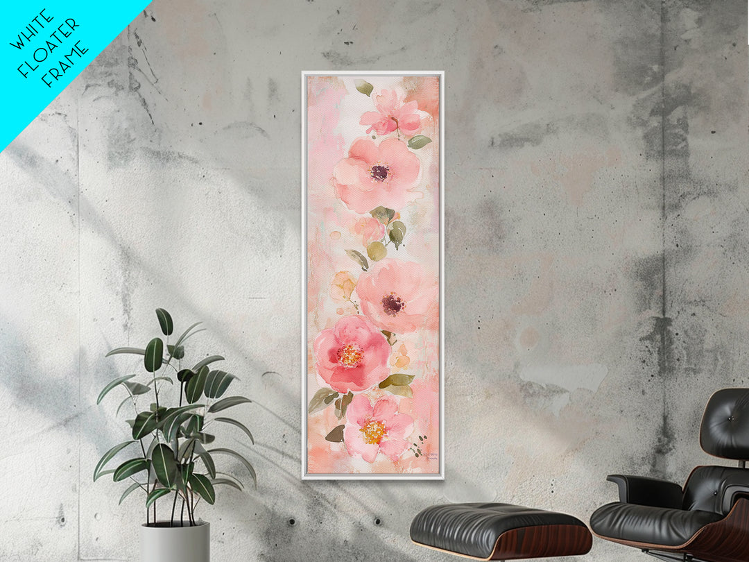 Delicate Floral Wildflower Framed Canvas Print Light Pink Botanical Prints Vertical Wall Art Tall Narrow Art Rustic Living Room Art