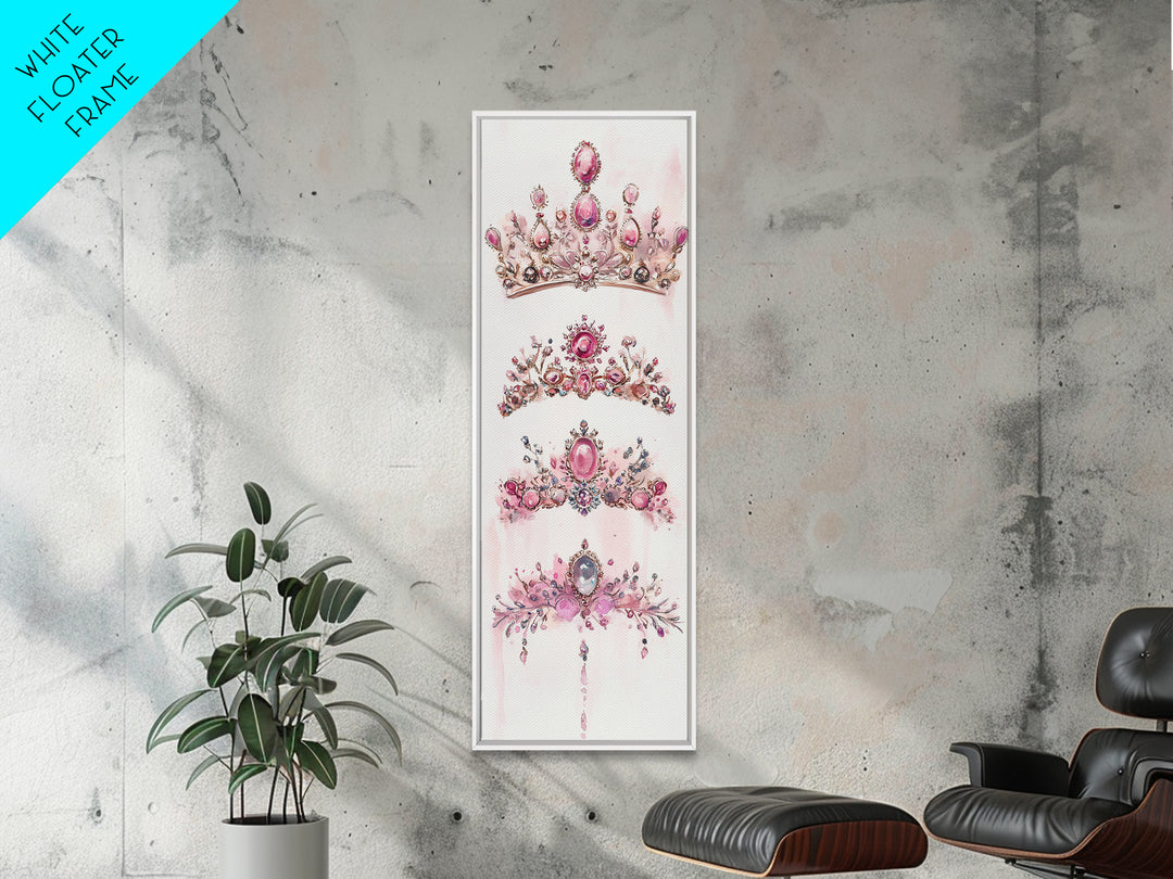Royal Pink Tiara Framed Canvas Print Princess Gemstone Painting Feminine Wabi Sabi Art Vertical Wall Art Elegant Home Decor
